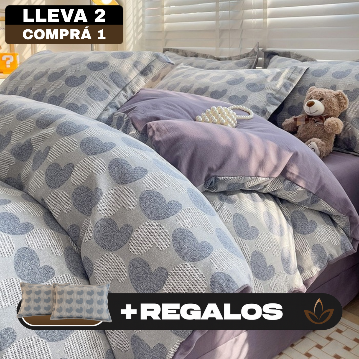 [Llevá 2 Pagá 1] Juego de Cama Completo Estampado en Algodón y Poliéster +2 Fundas para Almohada