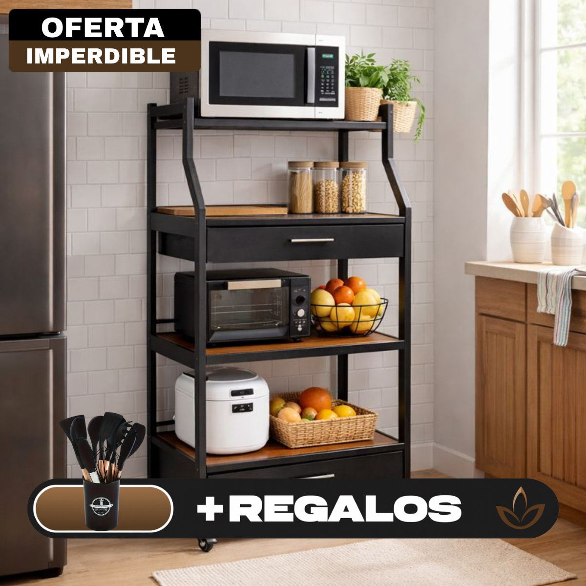 Organizador Multifuncional de Cocina de 5 Niveles en Acero Inoxidable y Madera +REGALO: Kit de Utensilios de Cocina