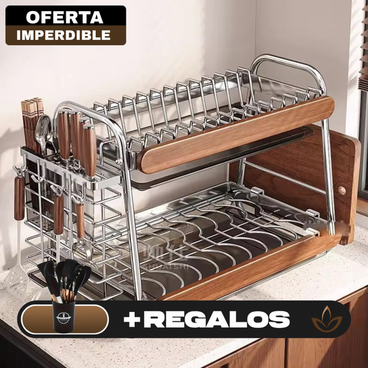 Escurridor Multifuncional de Acero Inoxidable y Madera (¡Moderno y Elegante!) +REGALO: Kit de Utensilios de Cocina